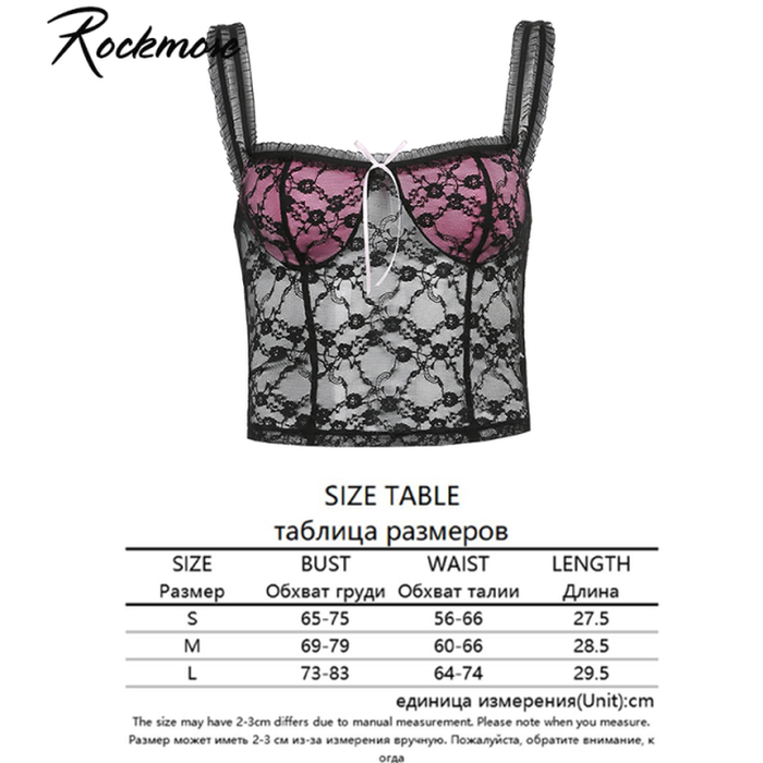 Rockmore Mesh Patchwork Bow Spaghetti Strap Strawberry Print Camis Deep V Neck Sexy Summer Crop Tank Tops Casual Nightclub Party