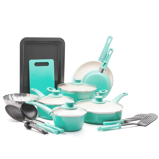 GreenLife Soft Grip Toxin-Free Healthy Ceramic Non-stick Cookware Set, 18 Piece, Turquoise