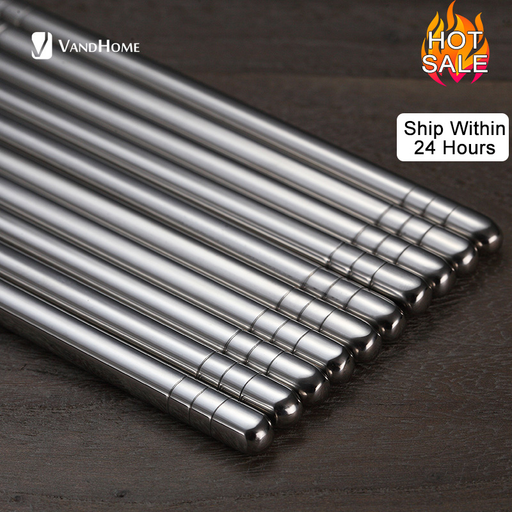 Vandhome 5 Pairs Chinese Metal Chopsticks Set Non-Slip Stainless Steel Chop Sticks Set Reusable Food Sticks Kitchen Sushi Sticks