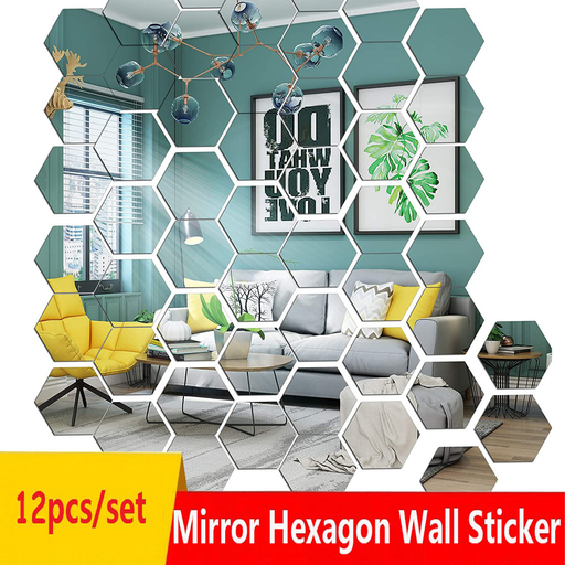 12Pcs/Set 3D DIY Art Hexagon Acrylic Mirror Wall Stickers Living Room Decorative Tile Stickers Room Accessory