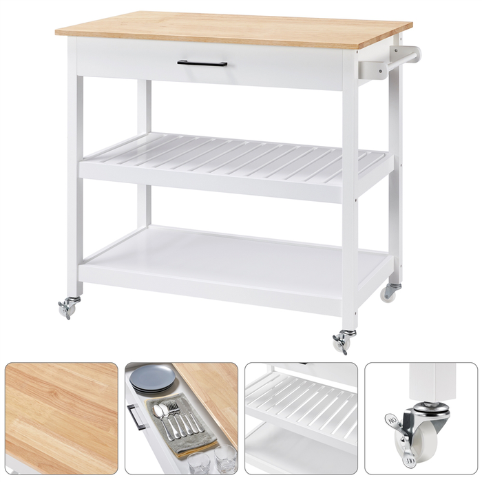 40" W Kitchen Island Cart with storage and drawer Wood Countertop White