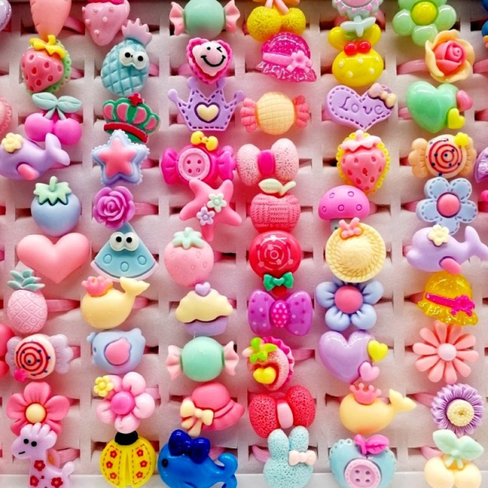 Lovely 50Pcs/Lot Children&#39;S Cartoon Rings Opening Matte Jelly Color Finger Band Kid Baby Girl Resin Jewelry Party Gift Wholesale