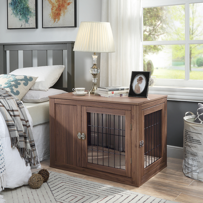 Unipaws Dog Crate End Table with Cushion, Wooden Wire Pet Kennels with Double Doors, Modern Design Dog House, Chew-Proof, Walnut