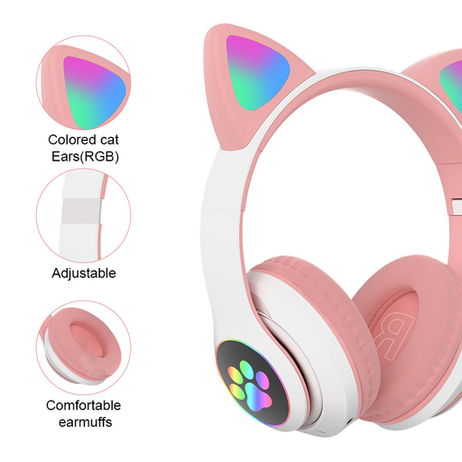 New RGB Cat Ear Headphones Blue-Tooth Fone Bass Noise Cancelling Adults Kids Girl Headset Support TF Card Casco Mic Gift