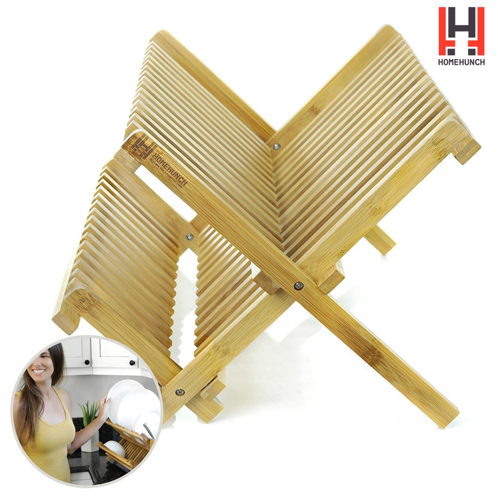 HomeHunch Bamboo Dish Drying Rack Foldable and Collapsible Plate Dryer