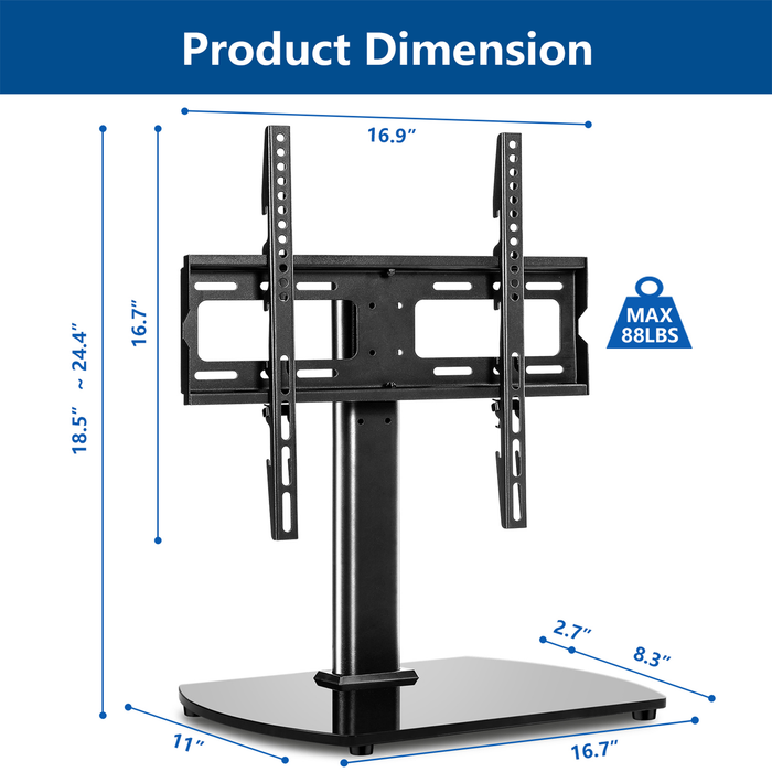 Black Universal Table Top TV Base Stand Mount for 32 to 55 inch TVs, Black Glass