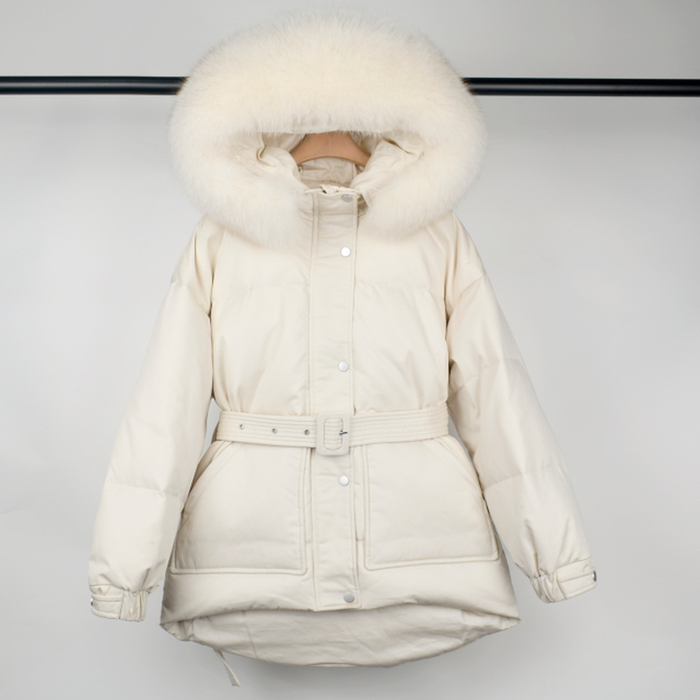 Women's Duck down Coat Natural Raccoon Fur Hooded Thick Coat White Parka Winter Clothing 90%