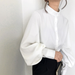 Big Lantern Sleeve Blouse Women Autumn Winter Single Breasted Stand Collar Shirts Office Work Blouse Solid Vintage Blouse Shirts