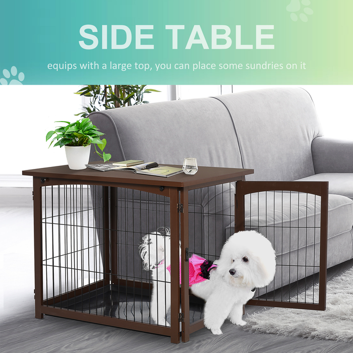 Pawhut Wooden Decorative Dog Cage Pet Crate Fence Side Table Small Animal House with Tabletop, Lockable Door, Brown