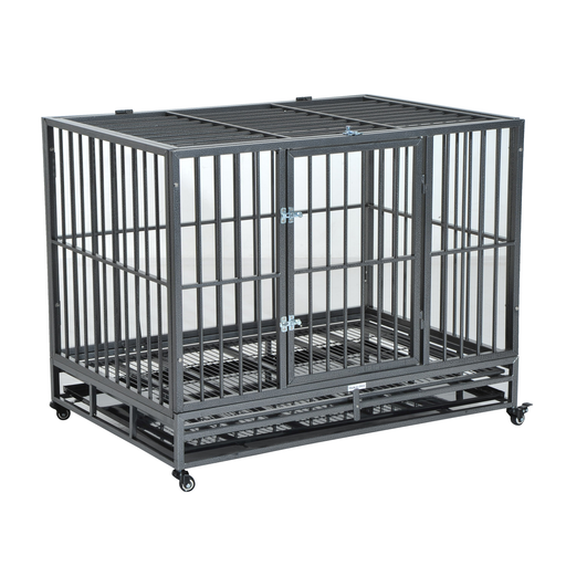 PawHut Heavy Duty Steel Dog Crate with Wheels, Grey, Large, 42"L