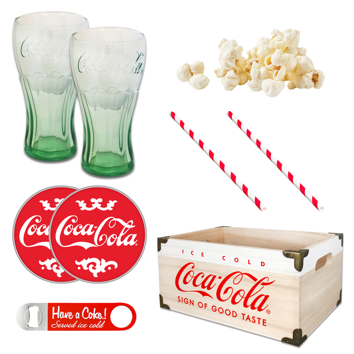 Coca Cola Wooden Crate with Glasses, Bottle Opener, Coasters, and Popcorn