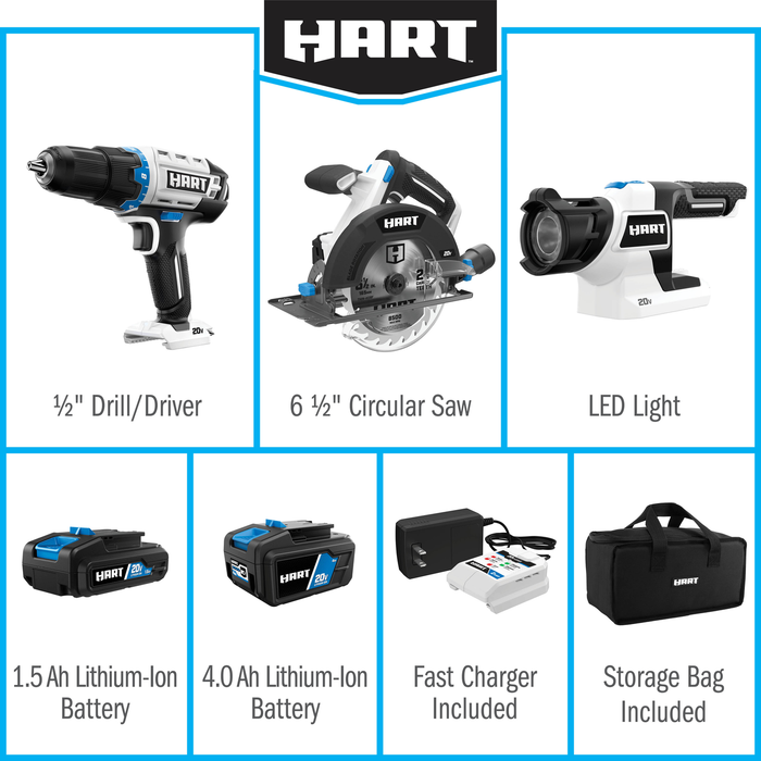 HART 3-Tool 20-Volt Cordless Combo Kit with and 16-inch Storage Bag, (1) 1.5Ah (1) 4.0Ah Lithium-Ion Batteries