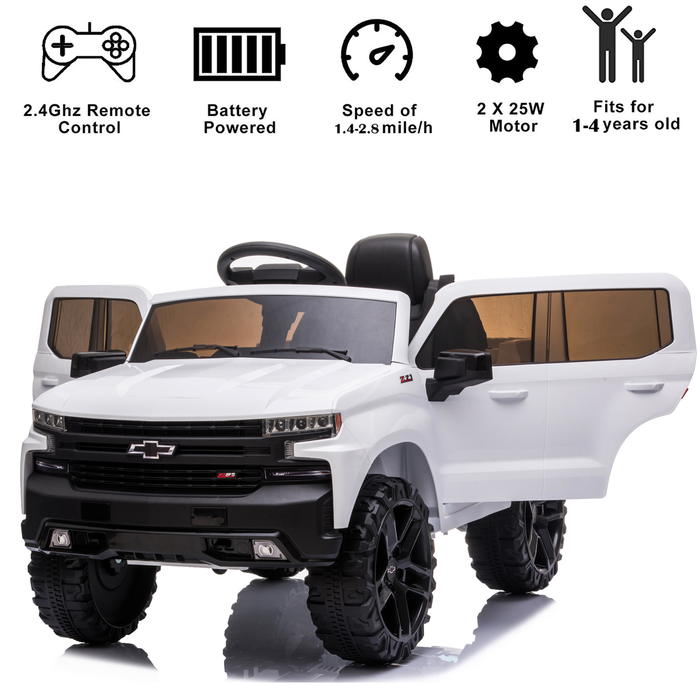 Chevrolet Silverado Ride on Toys Truck, Kids Ride on Cars for 3 Years Old Boy Toys Girl, Battery Powered Vehicles Power 4 Wheels Car with Remote Control, LED Light, MPS Player, Gifts, White, W14926