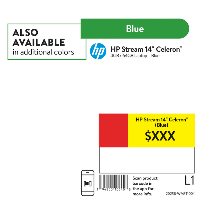 HP Stream 14", Intel Celeron 4GB RAM, 64GB eMMC, Blue, Windows 10 (S Mode), 14-cb171wm