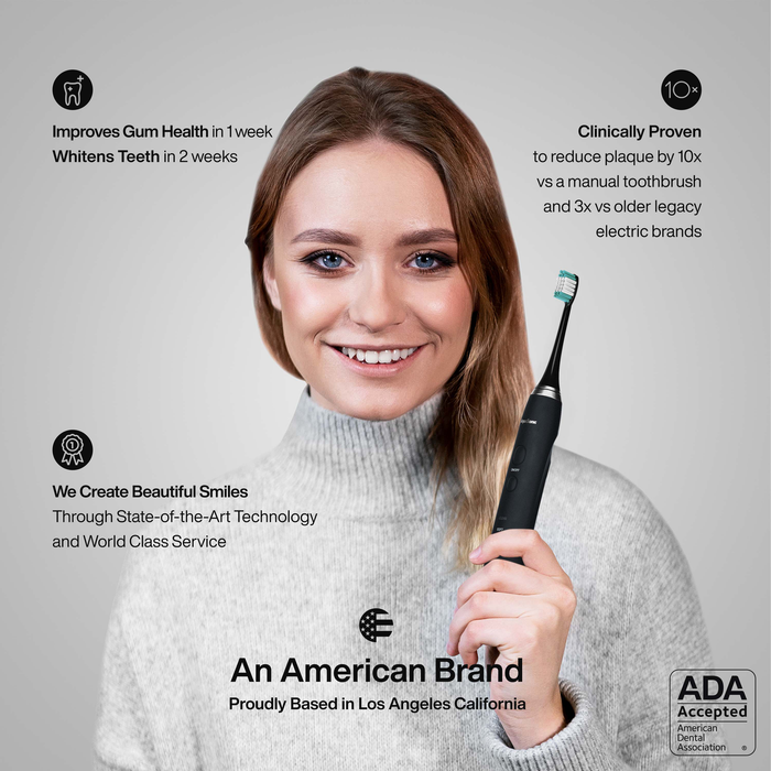 Black Series Ultra Whitening Toothbrush – ADA Accepted Rechargeable Toothbrush - 8 Brush Heads & Travel Case - Ultra Sonic Motor & Wireless Charging - 4 Modes