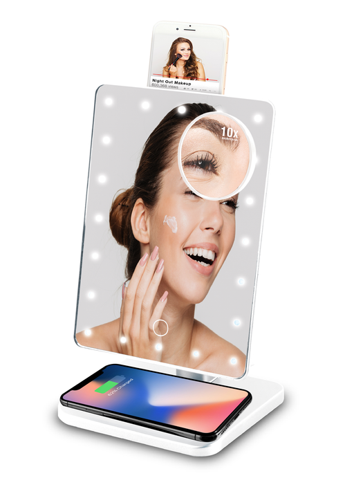 Vivitar Makeup Mirror 10X Magnification 180 Degree Rotation with Wireless Bluetooth Speakers, Adjustable LED Lights, and Qi Wireless Charging Pad White