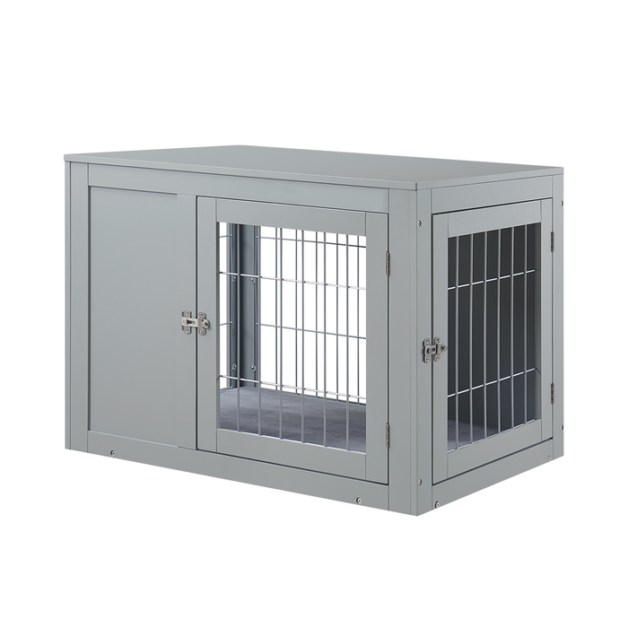 Unipaws Dog Crate End Table with Cushion, Wooden Wire Pet Kennels with Double Doors, Modern Design Dog House, Medium Indoor Use, Gray