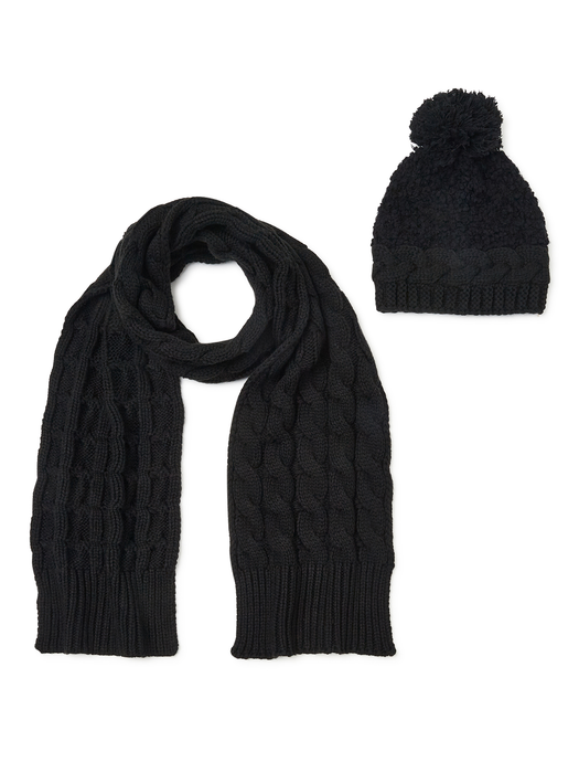 Time and Tru Women'S Popcorn Knit and Braided Beanie Hat and Scarf Set, 2-Piece