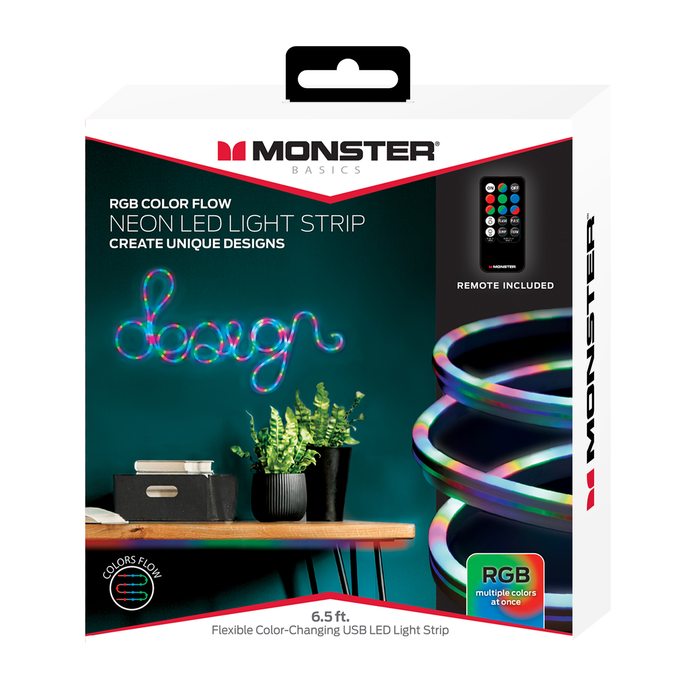 Monster Neon Flow Multi-Color LED Light Strip with USB Plug-In and Remote, 6.5 Ft