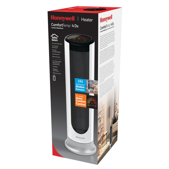 Honeywell ComfortTemp 4 Deluxe Ceramic Tower Heater, HCE645W, White
