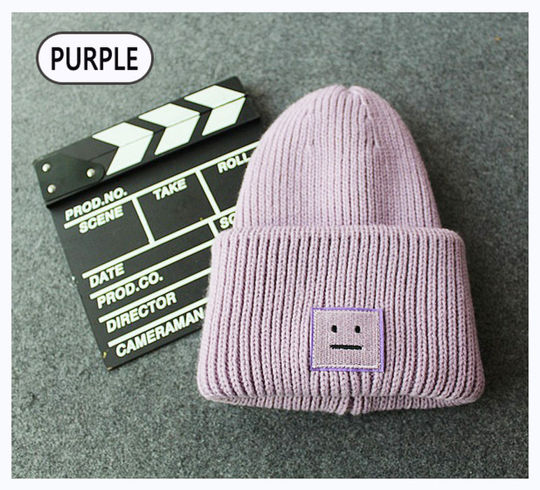 Embroidery Square Smile Winter Knitted Hats for Women Unisex Skulliles Beanies Men Baggy Warm Gorro Thicken Warm Cap