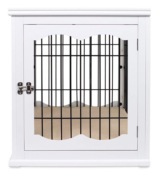 Internet's Best Double-Door Wooden Wire Dog Crate Side Table, White, Small, 32"L