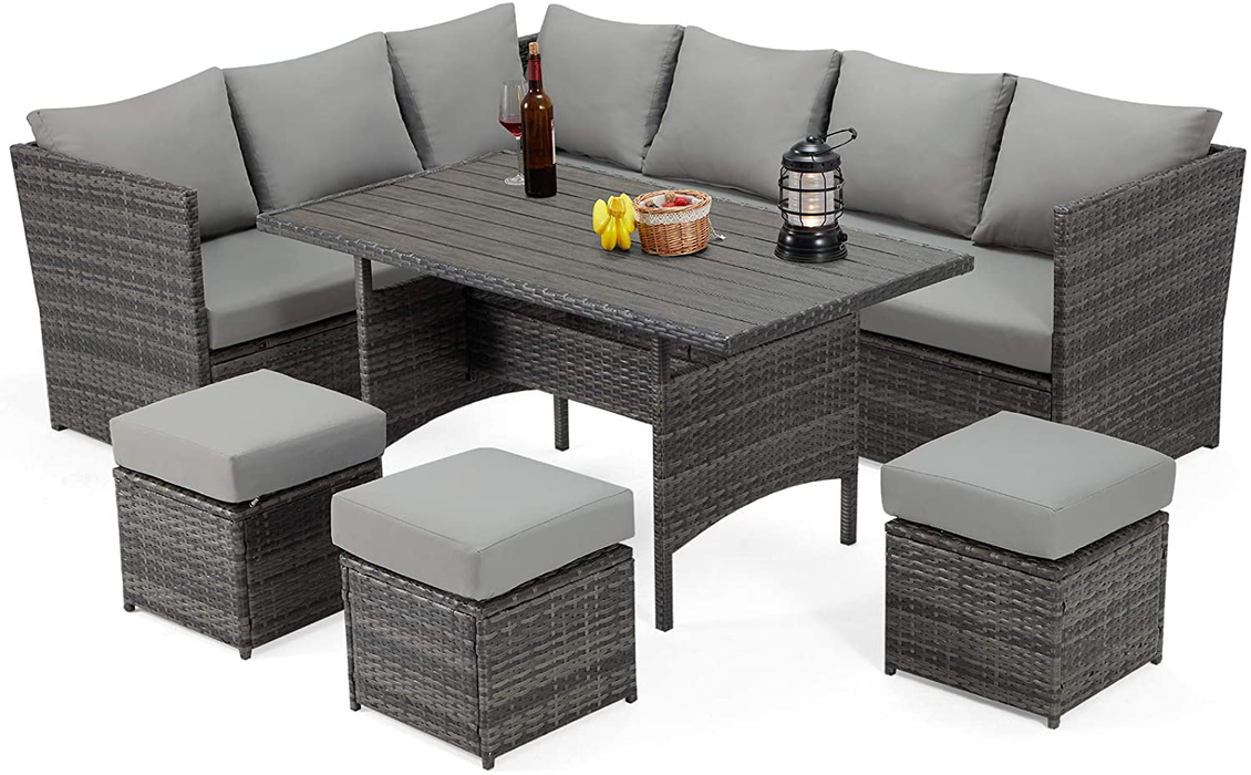 Danrelax 7-Pieces Patio Conversation Set, Outdoor Sectional Sofa, PE Rattan Wicker Furniture, Steel Frame, Gray Furniture, Couch Dining Table, and Chair with Ottoman, Gray