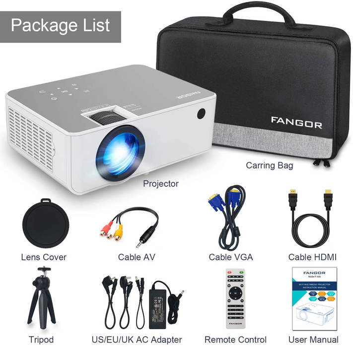 FANGOR Full HD Movie Projector, Native 1080P Projector with 230" Projection Size, Support HDMI VGA AV USB with Free Carrying Bag