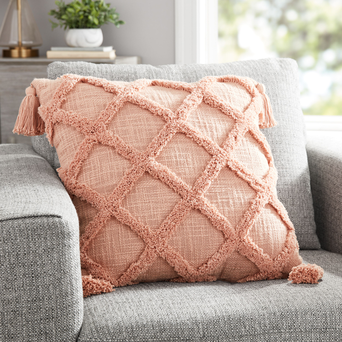 Better Homes & Gardens Tufted Trellis Decorative Throw Square Pillow, 20" X 20", Coral