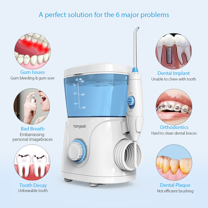 Homgeek Water Flosser for Braces Teeth Cleaner Dental Water Teeth 10 Adjustable Pressure with 7 Multifunctional Tips White