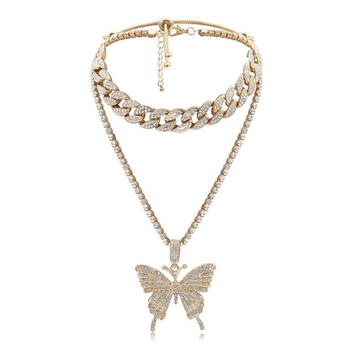 2Pcs/Set Luxury Shiny Chunky Rhinestone Choker Necklace Hip Hop Bling Crystal Butterfly Pendant Necklace Nightclub Party Jewelry