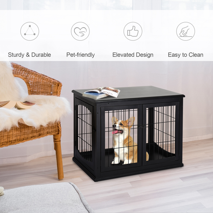 PawHut 26'' Wooden Decorative Dog Cage Pet Crate Kennel with Double Door Entrance & a Simple Modern Design, Black