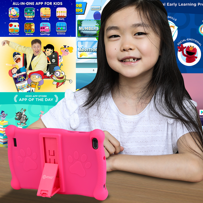Kids Tablet with Teacher Approved Apps ($150 Value), Contixo 2021 Edition, 7-Inch IPS HD Display, Wifi, Android 10, 2GB RAM 16GB ROM, Protective Case with Kickstand and Stylus, V10-Pink