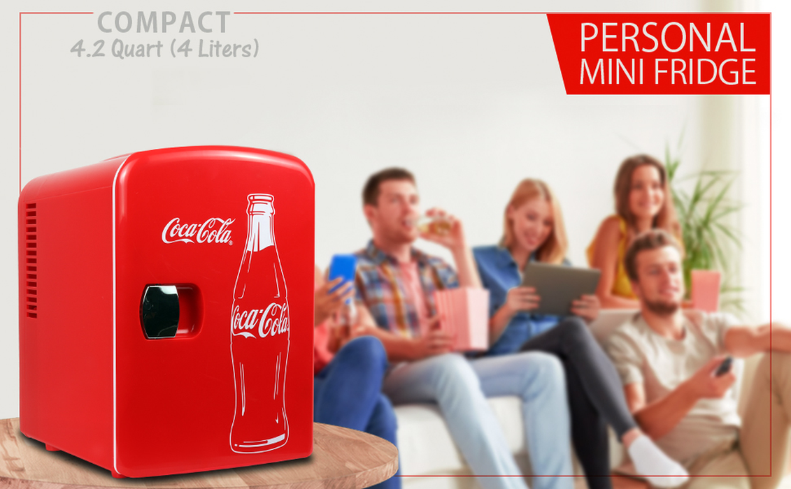 Classic Coca-Cola 4 Liter, 6 Can Portable Fridge, Mini Cooler for Food, Beverages, Skincare - Use at Home, Office, Dorm, Car, Boat - AC & DC Plugs Included