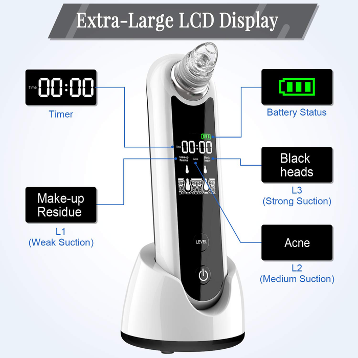 Blackhead Remover Pore Vacuum - 2021 Upgraded Strong Suction Rechargeable Lightweight Pore Cleanser Acne Comedone Zit Pimple Extractor Sucker Tool with LCD Screen and Stand for Women Men, White