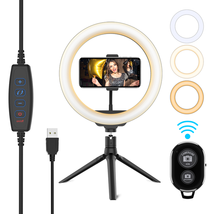 10.2" LED Selfie Ring Light with Tripod Stand & Phone Holder Remote Control - Dimmable Desk Makeup Ring Light with 3 Light Modes & 10 Brightness Level for Photography/Shooting/Live Streaming
