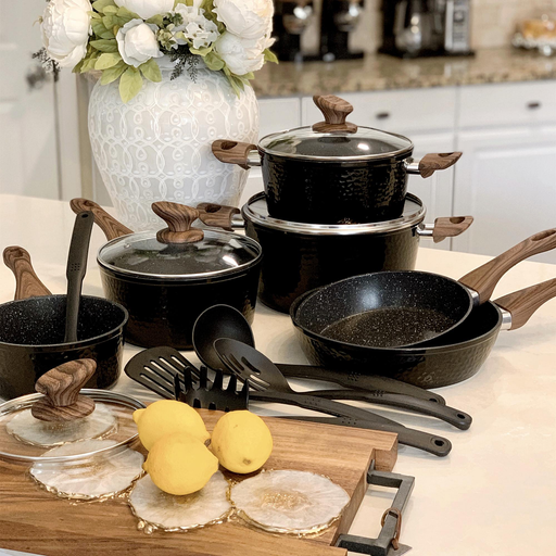 Sophia & William 15 Pieces Kitchen Nonstick Granite-Coated Cookware Set - Black