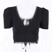 Wannathis V-Neck Short Sleeve Women Crop Tops Backless Hollow Out Patchwork Laceup Black Sexy Summer Shirts New Skinny Elastic