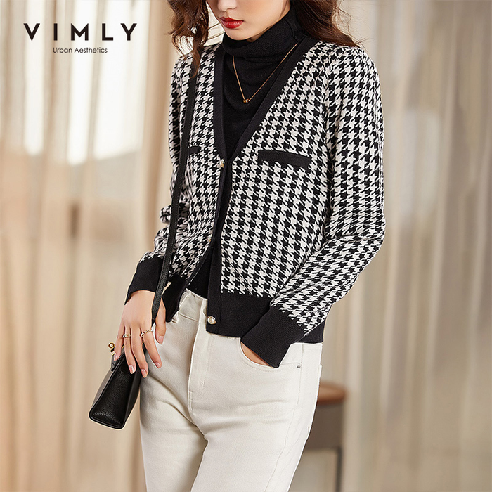 Vimly Women Cardigan Autumn 2021 Fashion Long Sleeve Plaid Button Knitted Coat Elegant Clothes Outwear Female Sweater Tops F9307