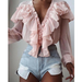 Summer Women Elegant Chiffon Shirt Female Stylish Flounce Top Solid Color V-Neck Sun Protection Long-Sleeved Fairy Blouse