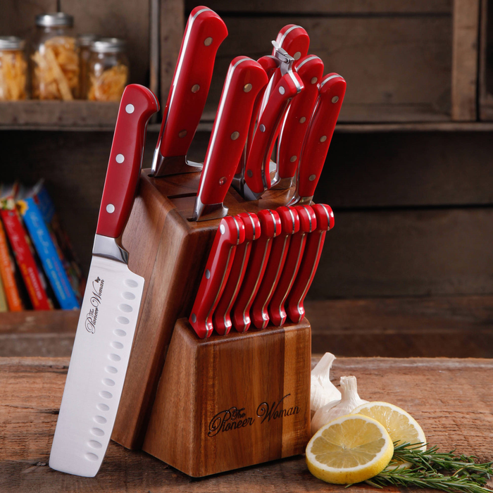 The Pioneer Woman Cowboy Rustic 14-Piece Forged Cutlery Knife Block Set, Red