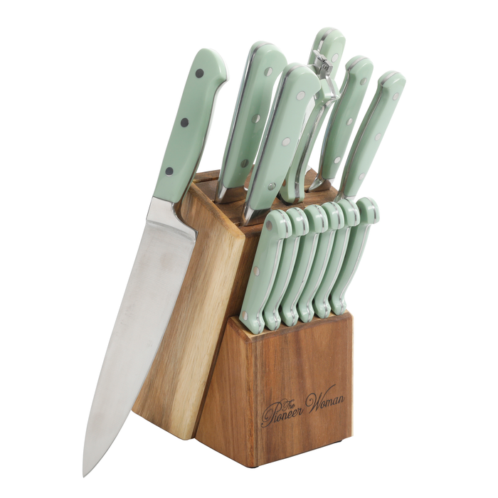 The Pioneer Woman Cowboy Rustic 14-Piece Forged Cutlery Knife Block Set, Red