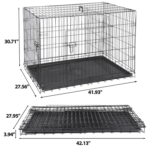 ZENY 42" Double Door Folding Metal Dog Crate with Tray & Divider Panel, Heavy Duty Pets Cage for Dog Indoor Outdoor Black