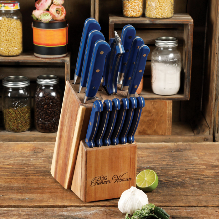 The Pioneer Woman Cowboy Rustic 14-Piece Forged Cutlery Knife Block Set, Turquoise