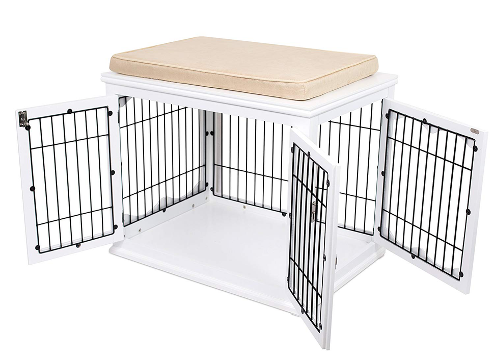 Internet's Best Double-Door Wooden Wire Dog Crate Side Table, White, Small, 32"L
