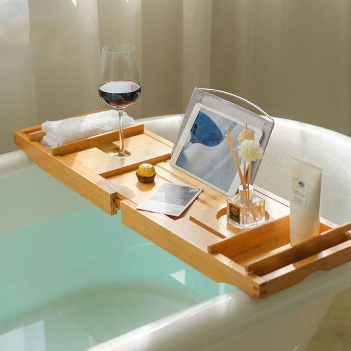 Bamboo Bathroom Tray Storage Decorative Wine Extendable Bathroom Tray Tablet Holder Estanteria Bambu Bathtub Accessories OB50TP