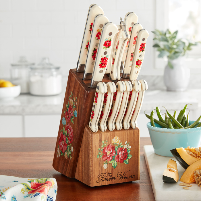 The Pioneer Woman Frontier Collection 14-Piece Cutlery Set with Wood Block, Rosewood