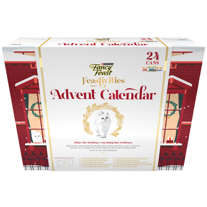 (24 Pack) Fancy Feast Limited Edition Wet Cat Food Variety Pack, Feastivities Advent Calendar 2021, 3 Oz. Cans, Red