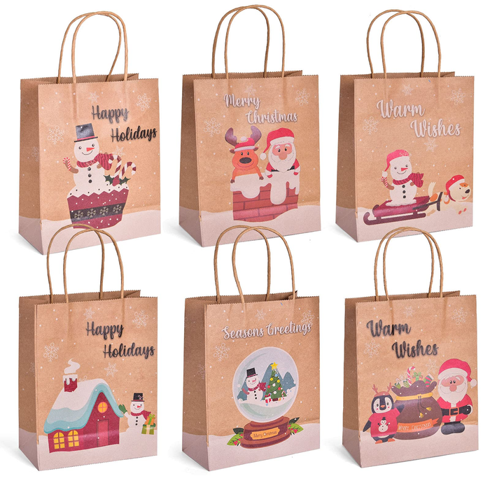 Fun Little Toys Christmas Gift Bags 30 Count, 7.5”X9”X4.3” Medium Gift Bags with Prints on Both Sides, Multi-Color Gift Bags Bulk, for Holiday Gifts, Kraft Paper Bags, Chrsitmas Party Favors