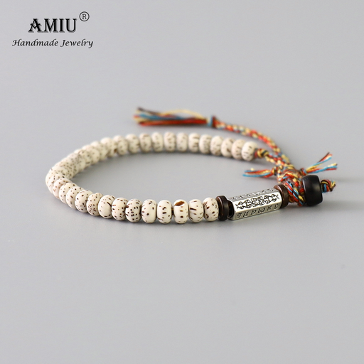 AMIU Tibetan Buddhist Braided Cotton Thread Lucky Knots Bracelet Natural Bodhi Beads Carved Amulet Handmade Bracelet for Men